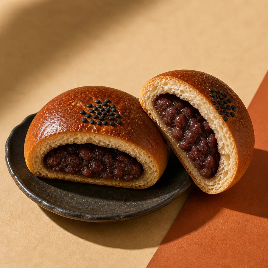 黒糖あんぱんの粒あんと生地の断面